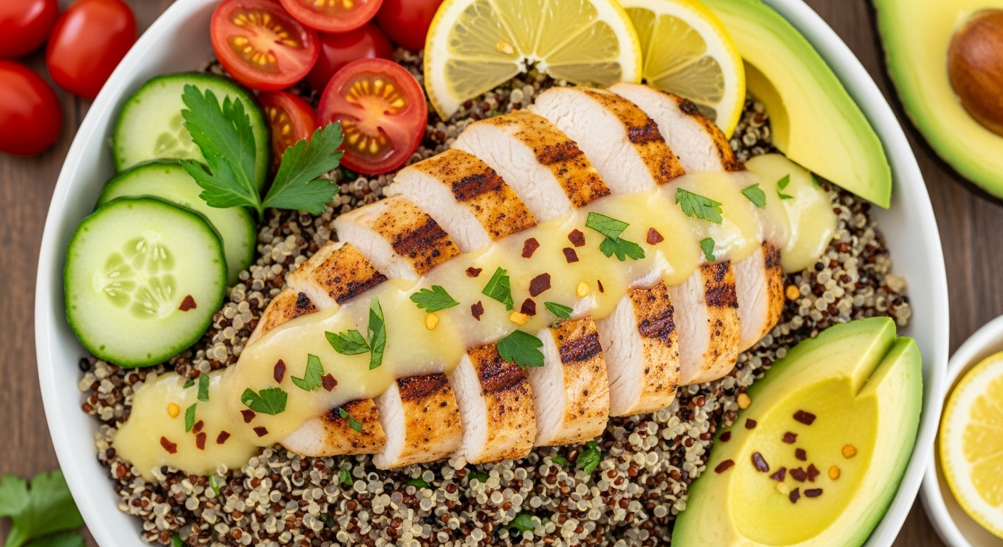 Bowl de Frango Turbinado com Quinoa e Molho Refrescante de Limão