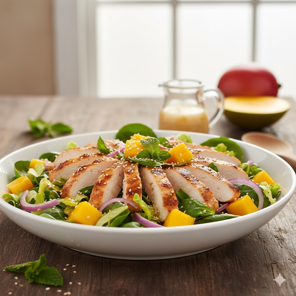 Salada Vibrante de Frango e Manga com Vinagrete Cítrico de Mel