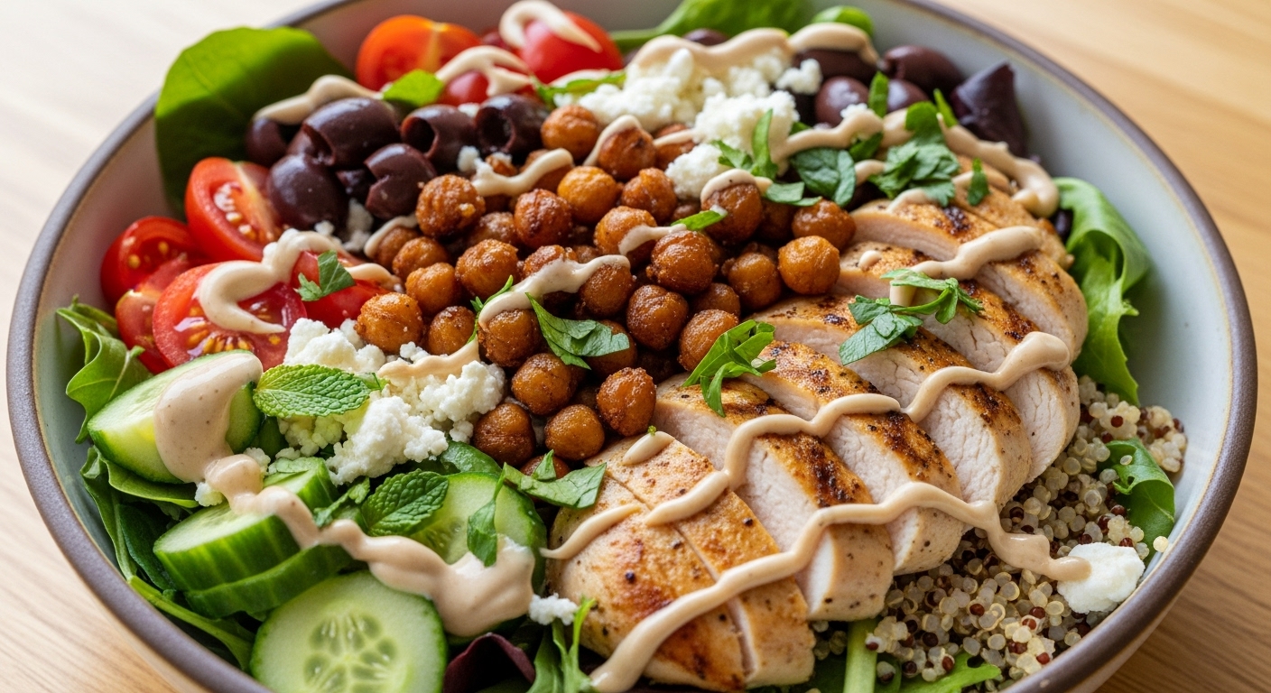 Power Bowl Mediterrâneo de Frango e Grão de Bico