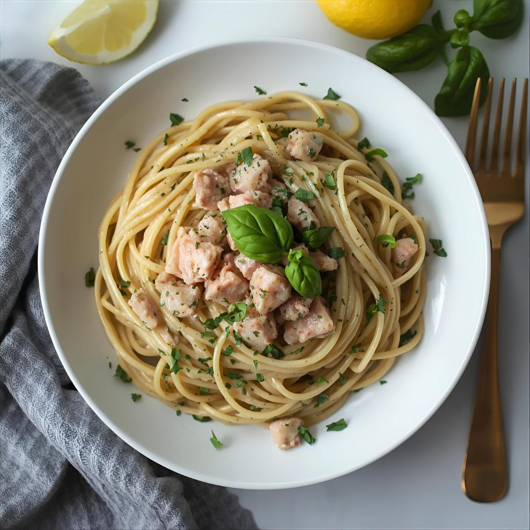 Espaguete Cremoso de Limão e Atum ao Perfume de Manjericão