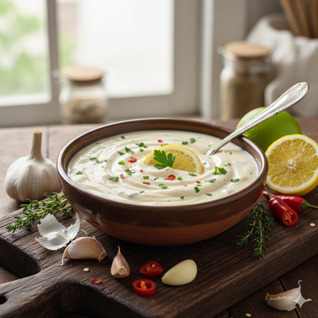 Néctar do Mediterrâneo: Molho Cremoso de Alho e Limão Picante