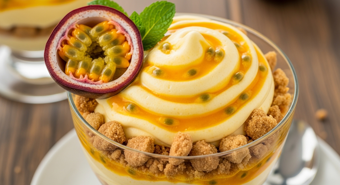 Mousse Gelada de Maracujá Cremoso com Crocante de Biscoito