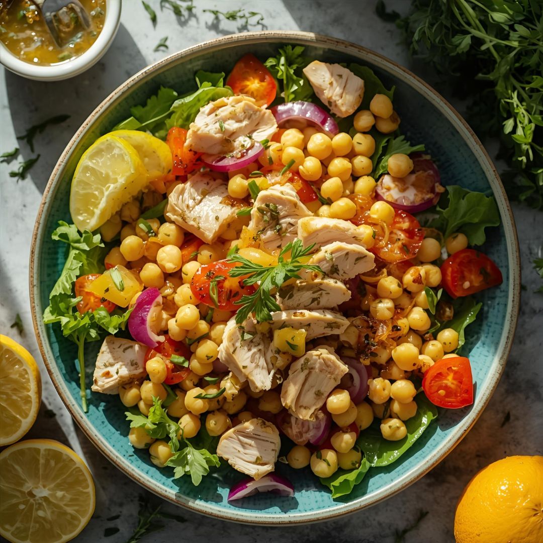 Salada Revigorante de Frango e Grão de Bico com Molho Cítrico