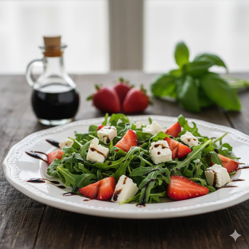 Salada de Rúcula, Morango e Queijo Frescal com Balsâmico Agridoce