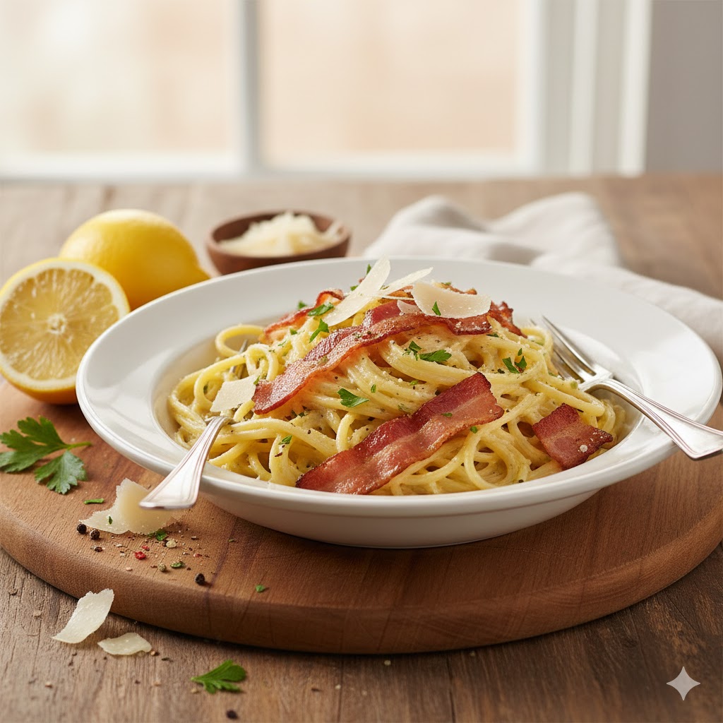 Spaghetti Cremoso de Limão e Bacon Crocante