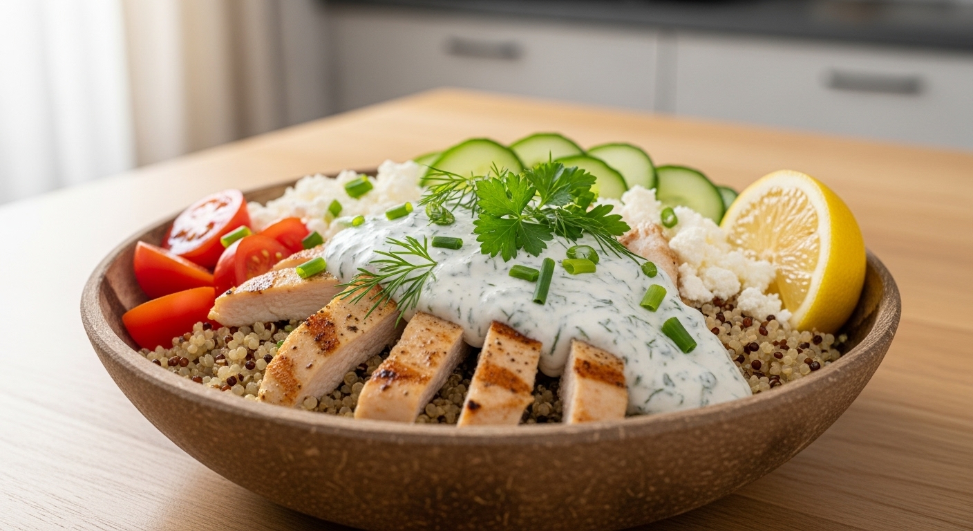 Tigela de Frango Cremoso Fit com Molho de Iogurte e Ervas