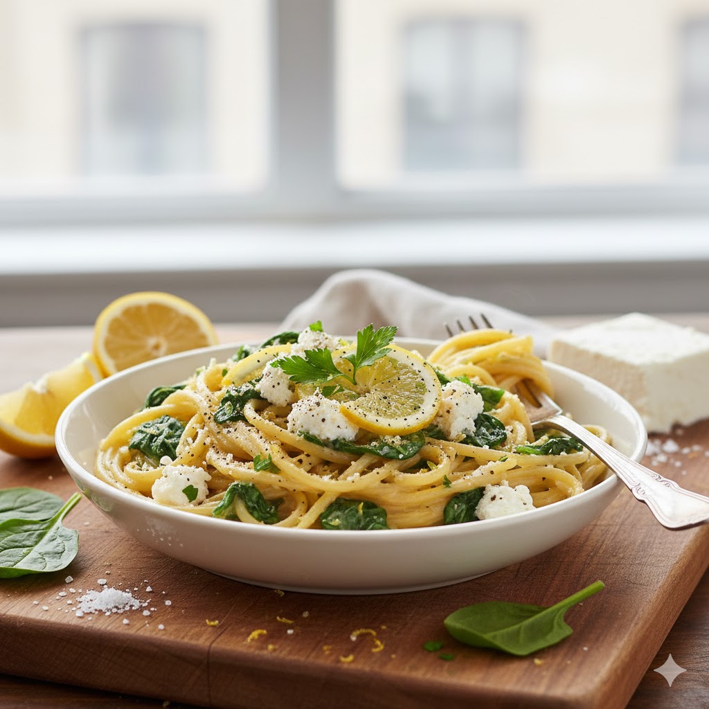 Spaghetti Cremoso de Limão, Ricota e Espinafre