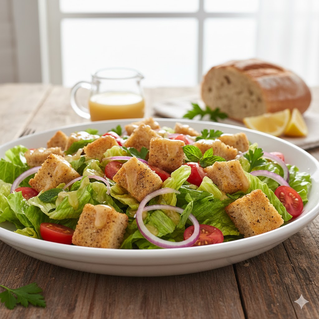 Salada Crocante de Verão com Pão Rústico e Molho de Mel e Limão