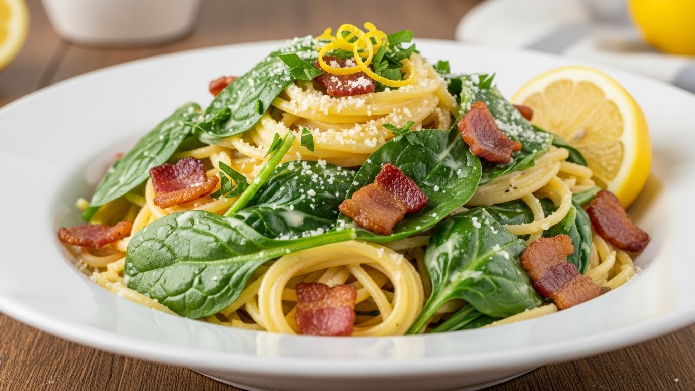 Spaghetti Cremoso de Limão e Espinafre com Crocante de Bacon
