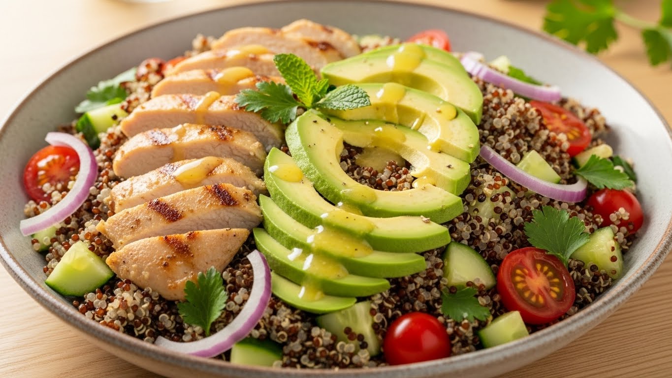 Salada de Quinoa com Frango Grelhado e Abacate