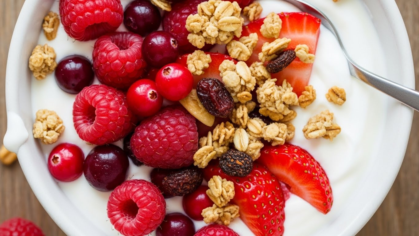 Iogurte Natural com Frutas Vermelhas e Granola Caseira