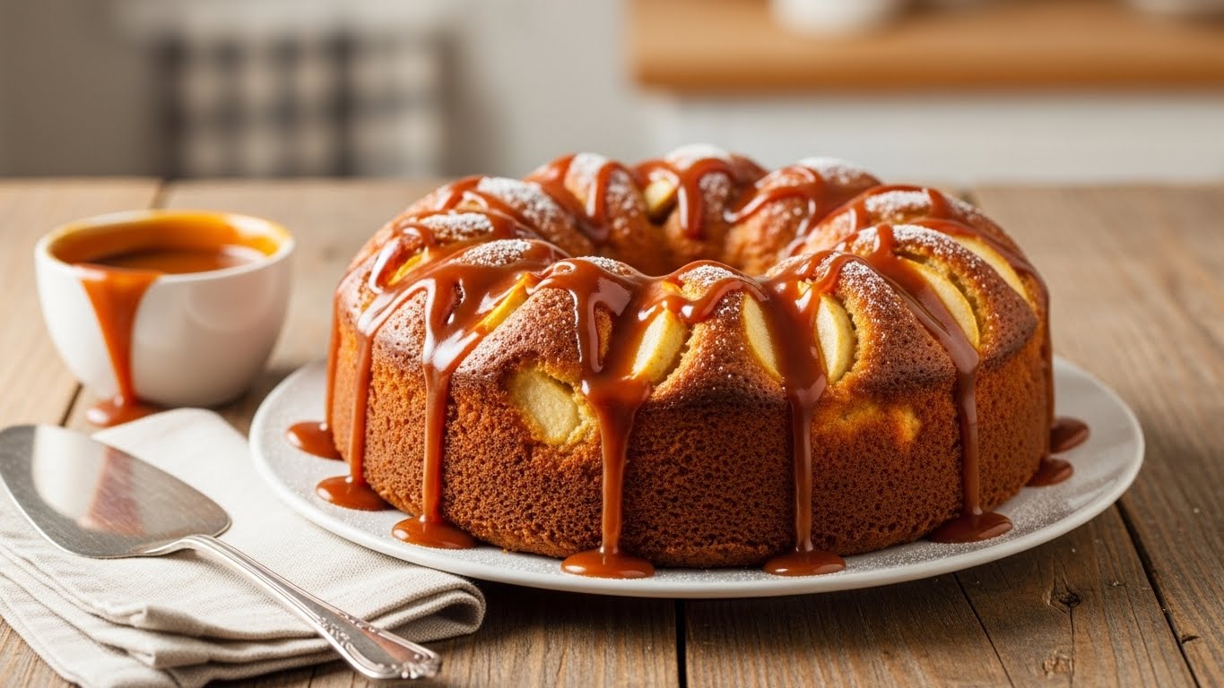 Bolo de Maçã com Calda de Caramelo