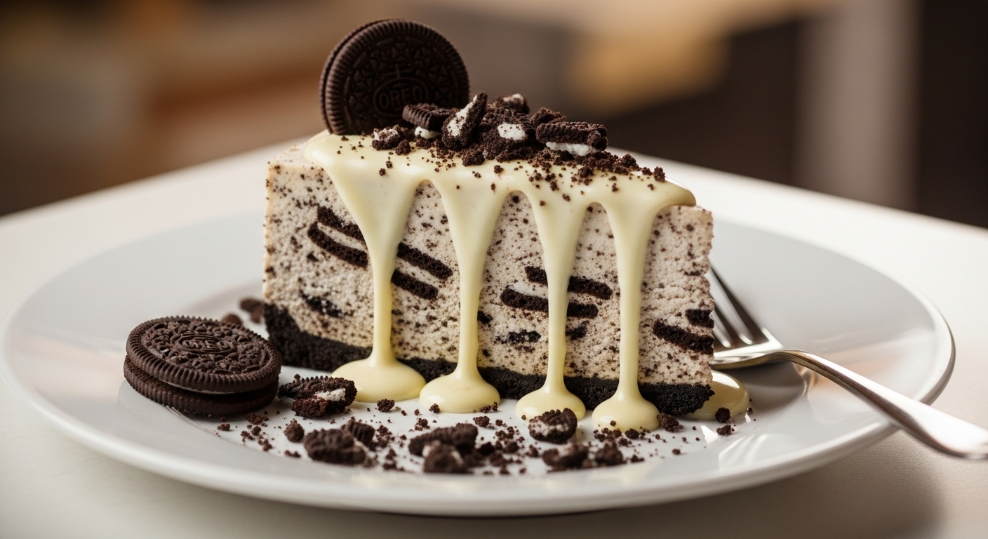 Cheesecake de Oreo com Calda de Chocolate Branco