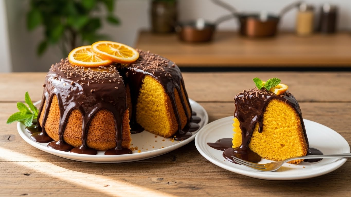 Bolo de Laranja com Calda de Chocolate