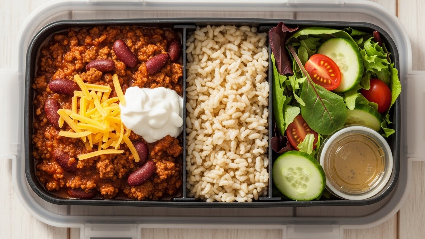 Chili de Carne Moída com Feijão Vermelho e Arroz Integral