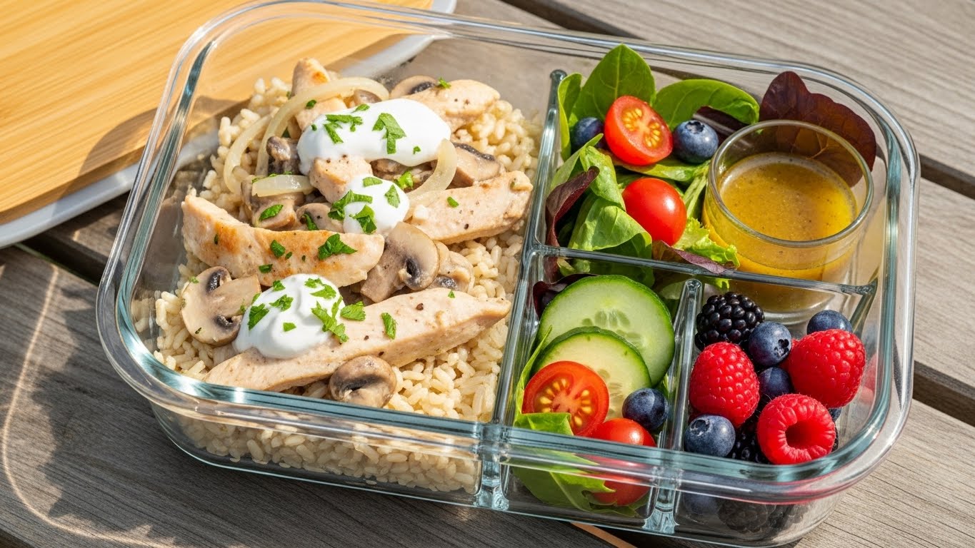 Estrogonofe de Frango Fit com Arroz Integral