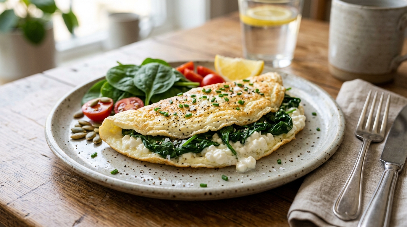 Omelete Proteico de Claras com Espinafre e Queijo Cottage