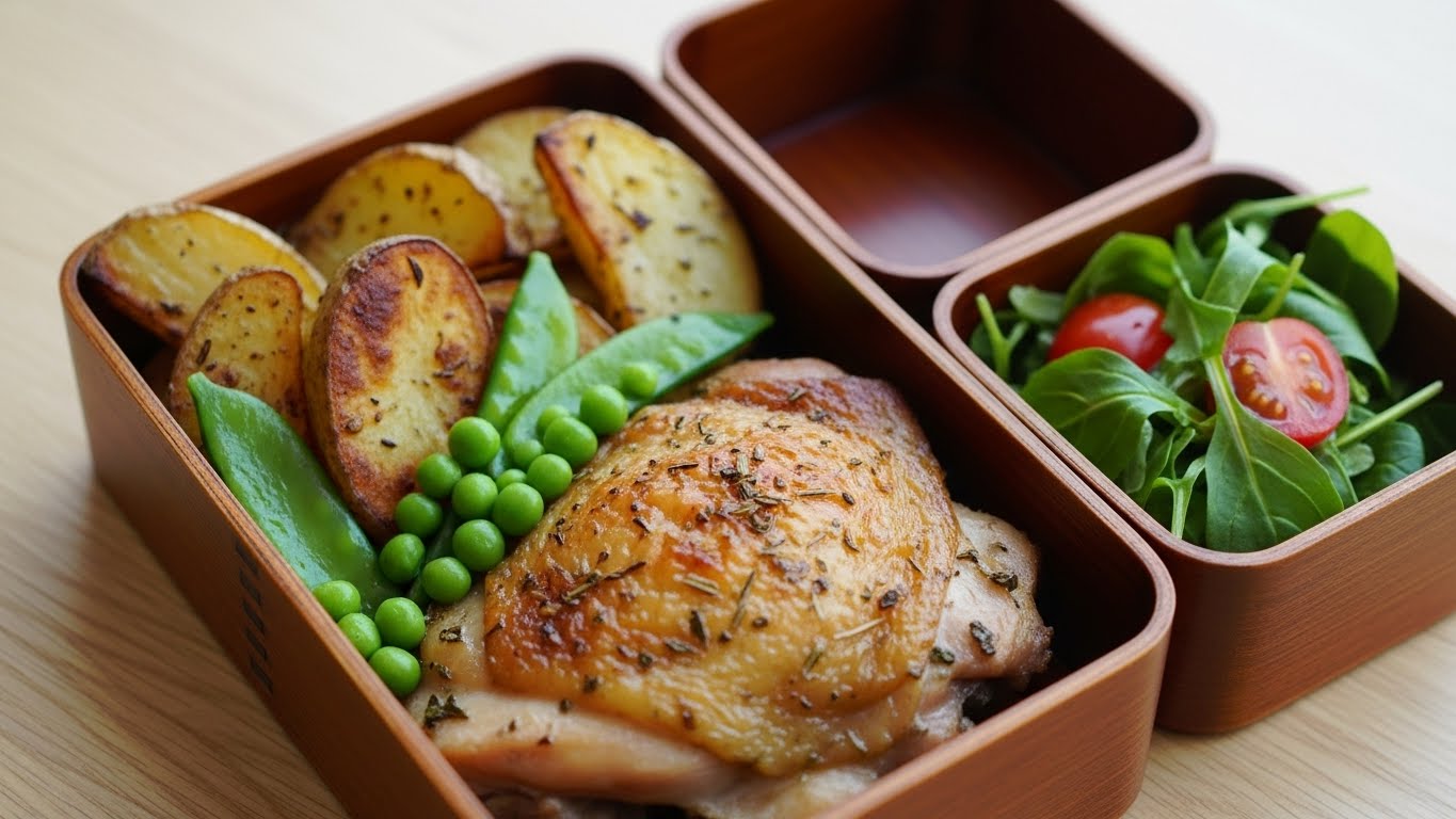 Sobrecoxa Assada (sem pele) com Batata Rústica e Ervilhas