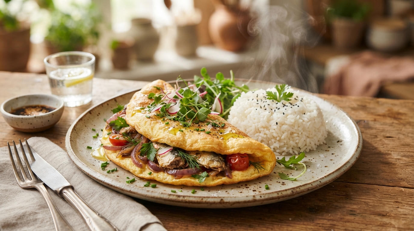 Arroz com omelete de sardinha