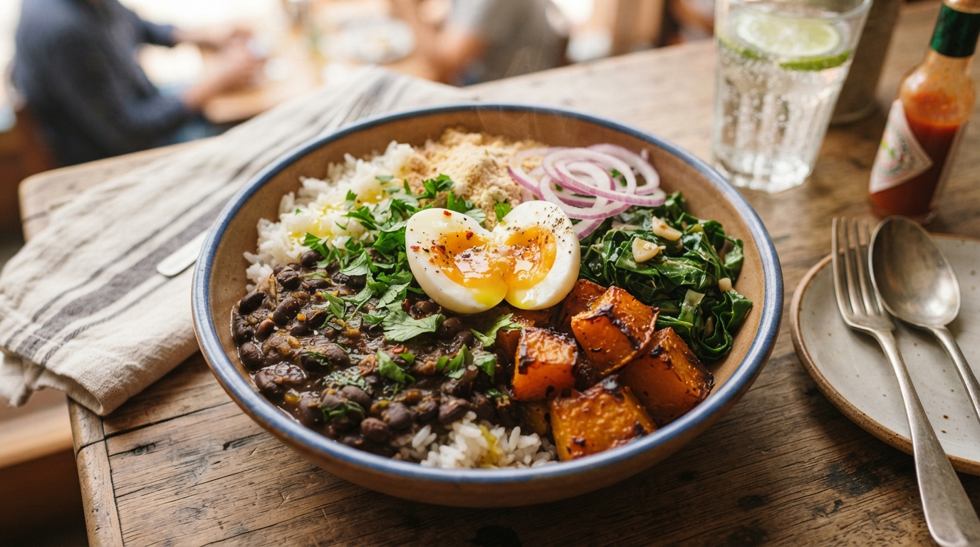 Arroz, feijão e abóbora com ovo