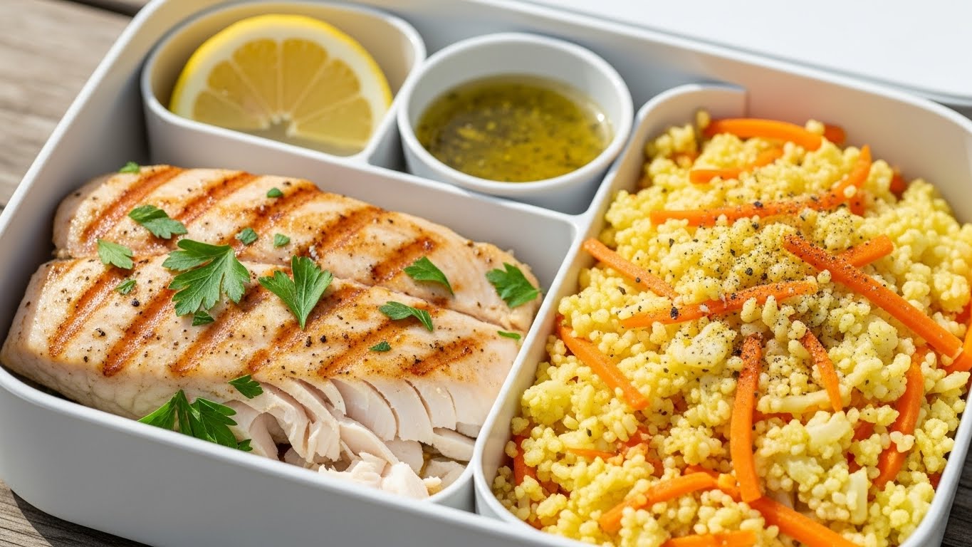 Tilápia Grelhada com Arroz de Couve-Flor e Cenoura