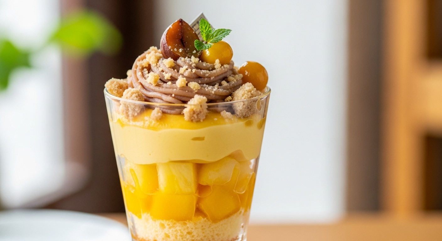 Verrine de Frutas Amarelas com Crumble de Castanhas