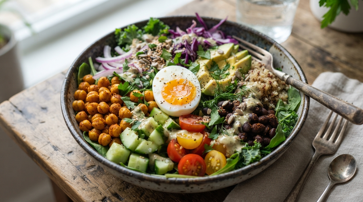 Bowl de ovo, grão-de-bico e salada
