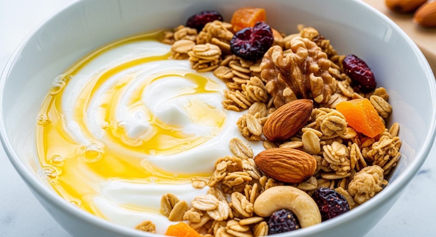 Iogurte com Whey e Granola (Lanche): Saciedade e Crocância