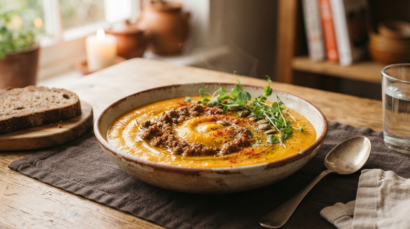 Creme de abóbora com carne moída