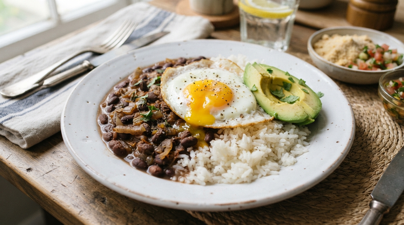 Feijão com arroz, ovo e abacate