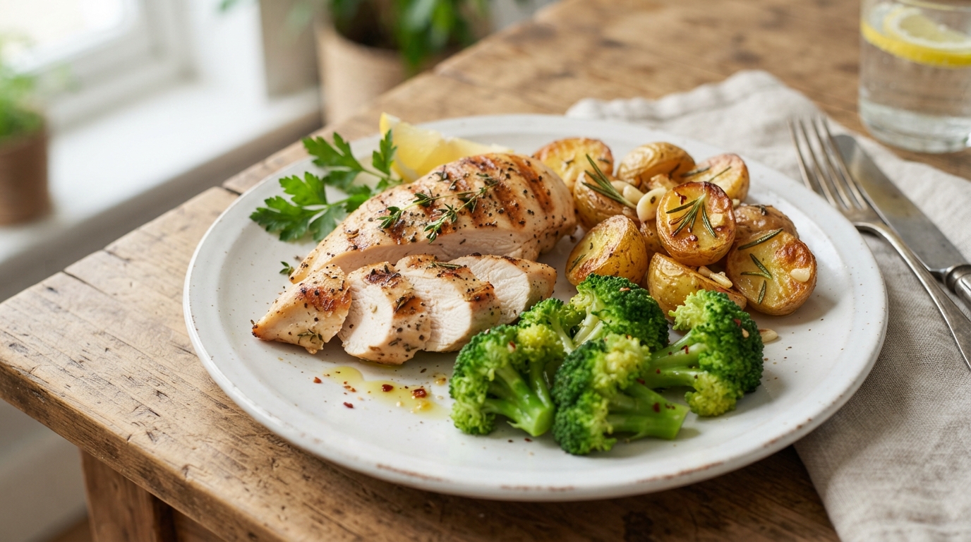 Frango com batata e brócolis