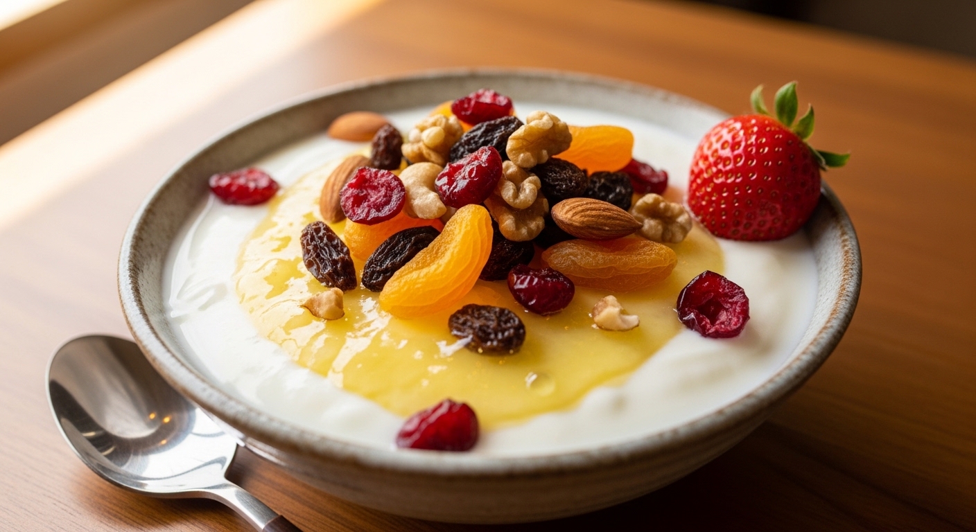 Iogurte com Whey e Frutas Secas (Lanche): Energia Concentrada