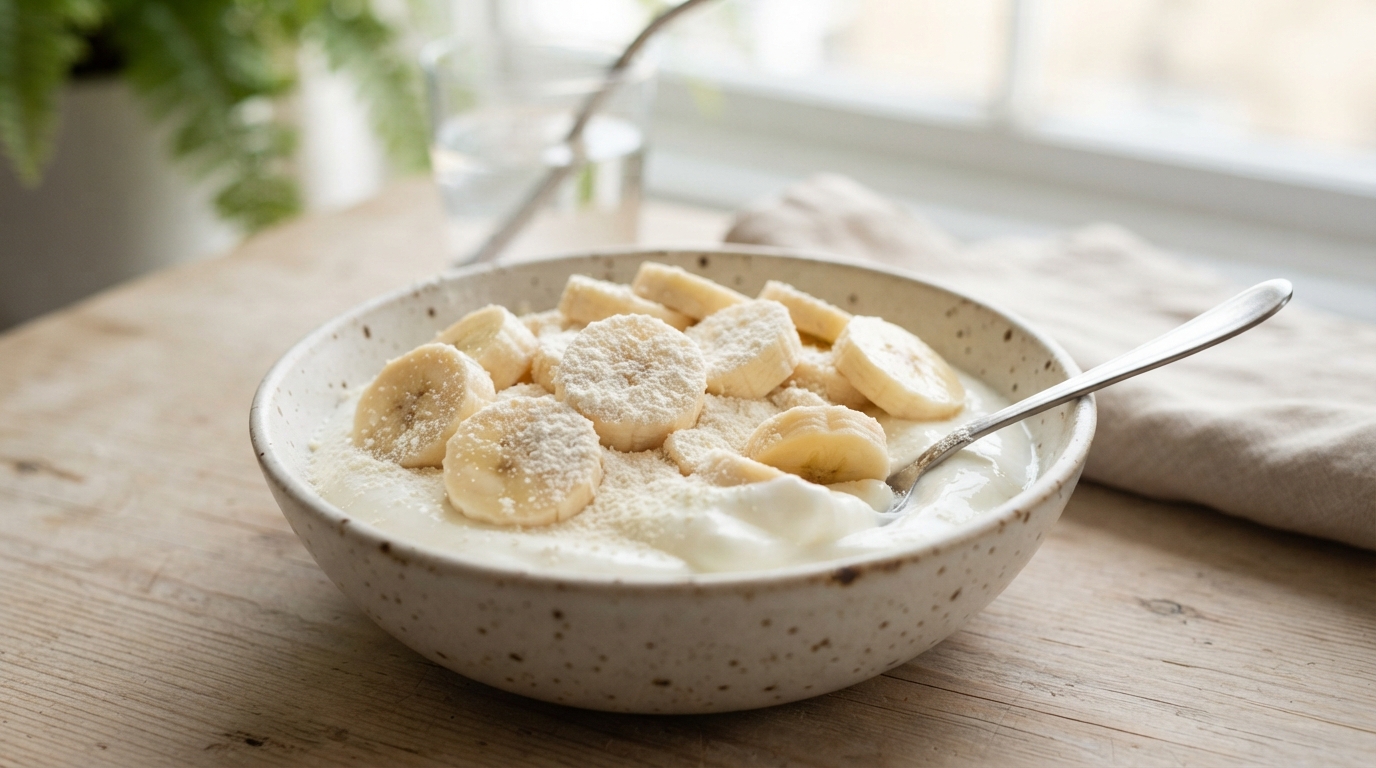 Iogurte com banana e leite em pó