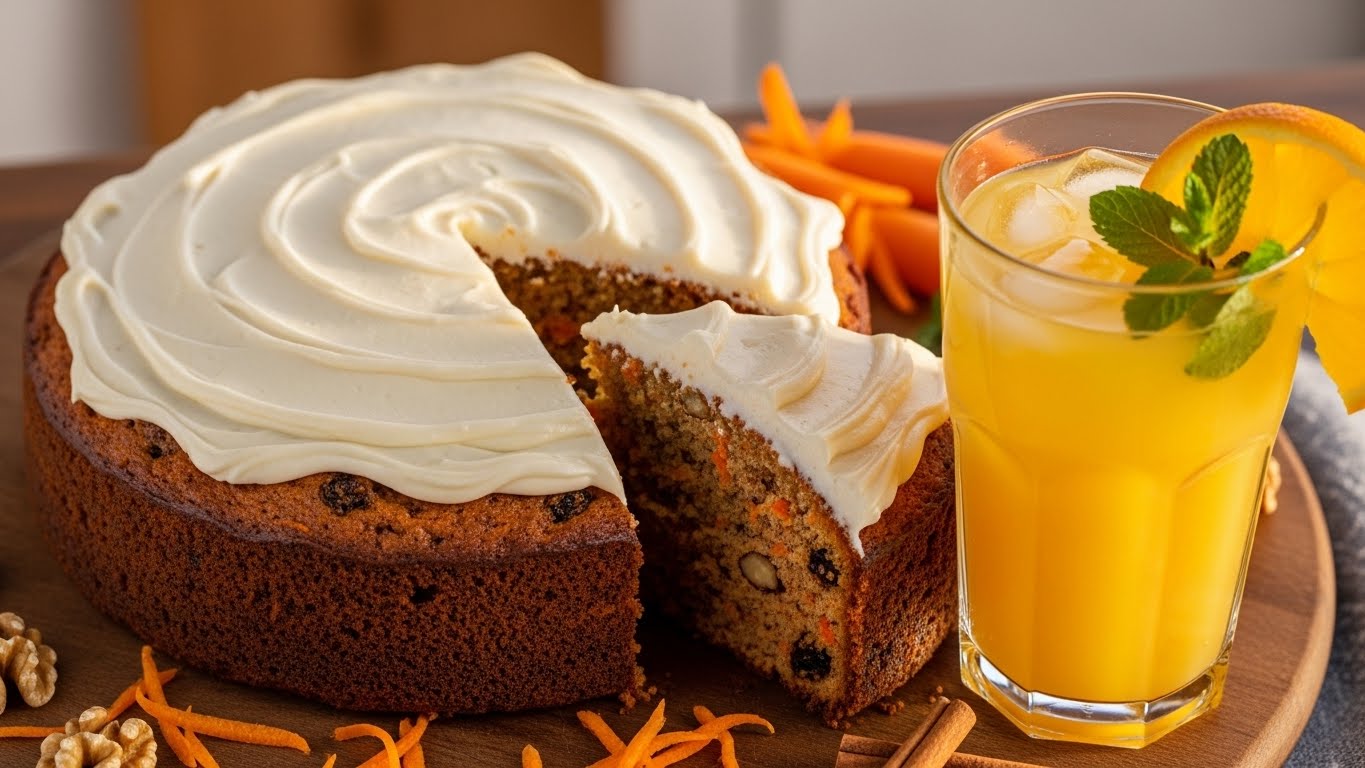 Bolo de Cenoura com Suco de Laranja