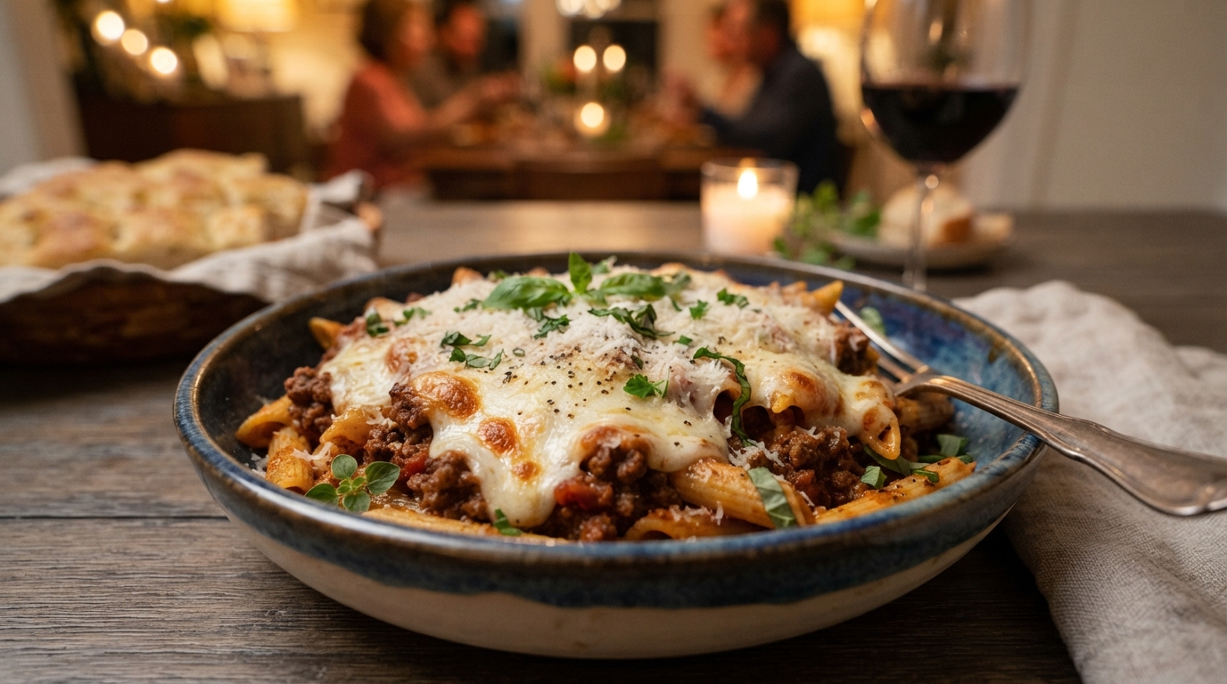 Macarrão com carne moída e queijo