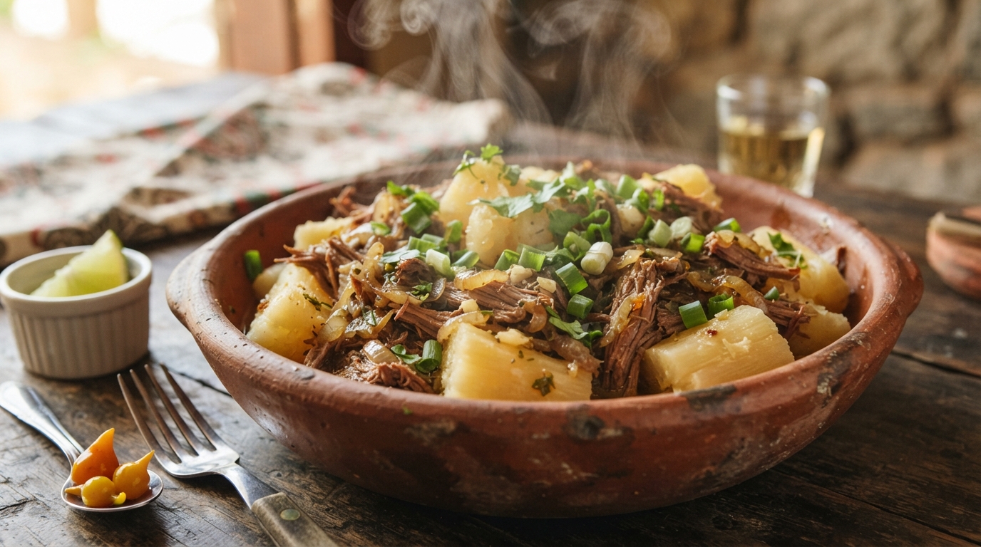 Mandioca com carne desfiada