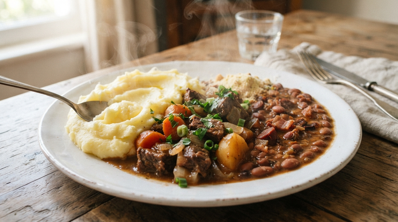 Purê de batata com carne e feijão