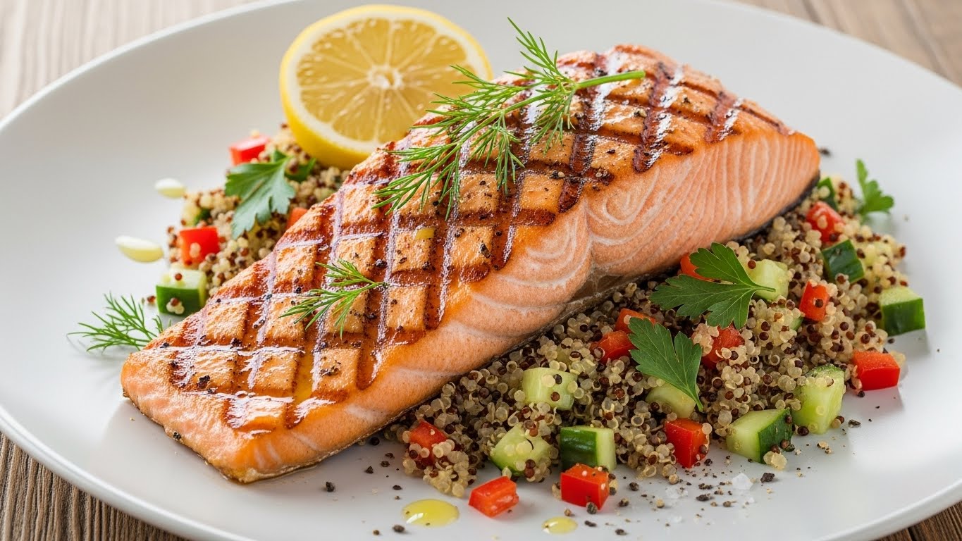 Salmão Grelhado com Crosta e Quinoa de Ervas