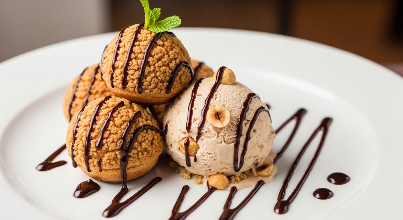 Profiteroles com Sorvete de Avelã e Calda de Chocolate
