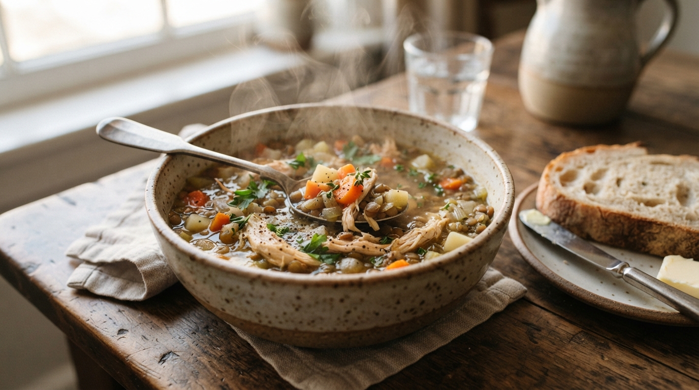 Sopa de lentilha com frango
