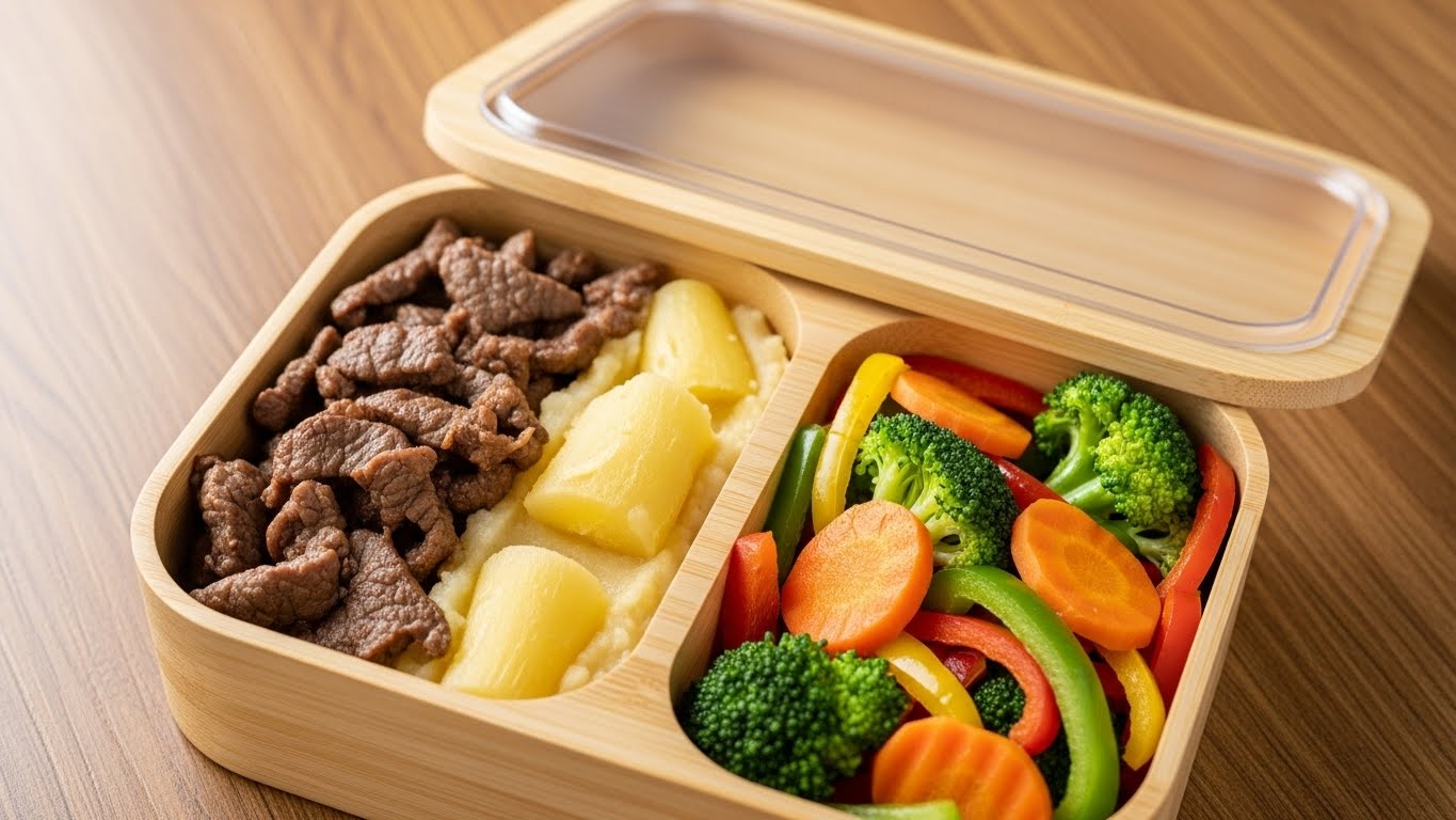 Iscas de Patinho com Purê de Mandioca e Seleta de Legumes