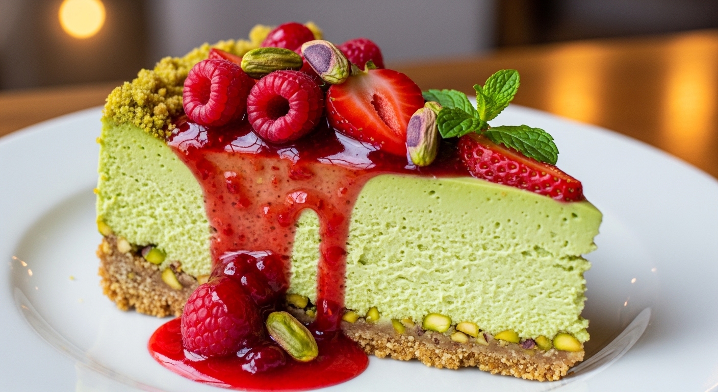 Cheesecake de Pistache com Calda de Frutas Vermelhas