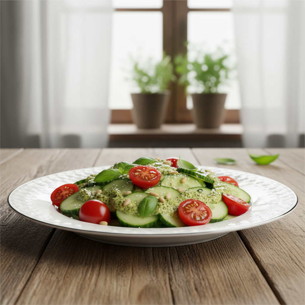 Salada Refrescante de Tomate, Pepino e Pesto Cremoso
