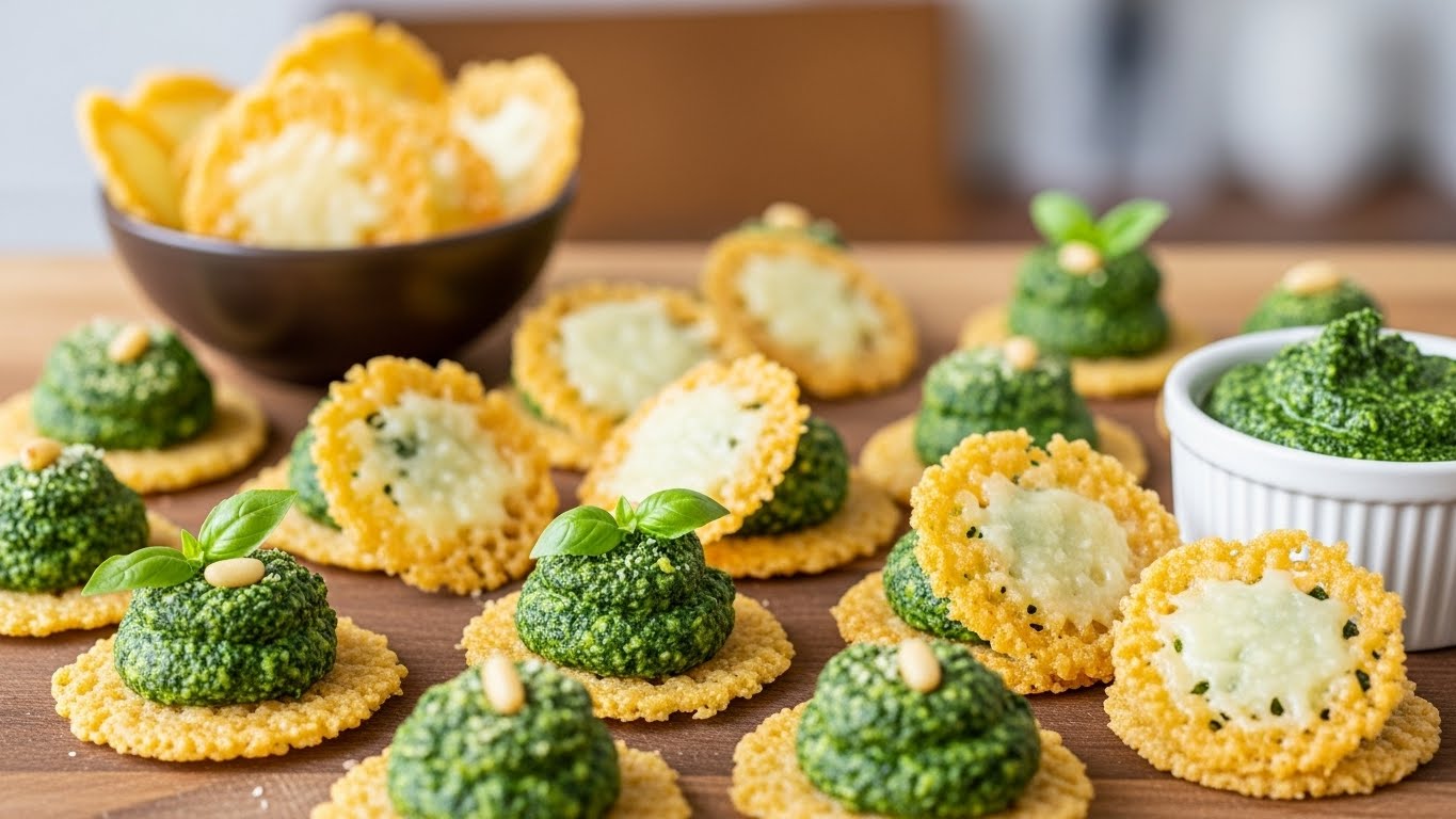 Petiscos de Pesto Falso e Parmesão Crocante
