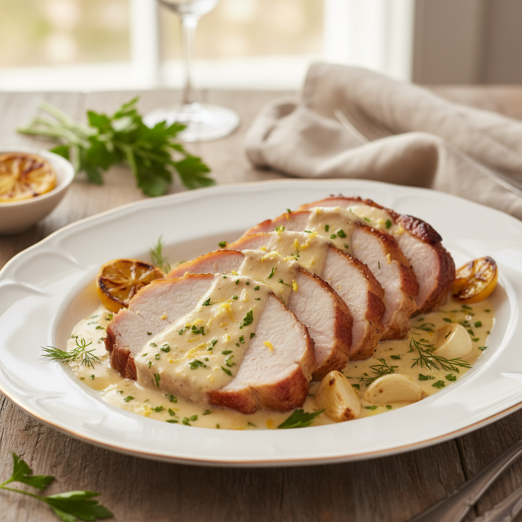 Lombo Suíno Dourado com Molho Cremoso de Alho e Limão