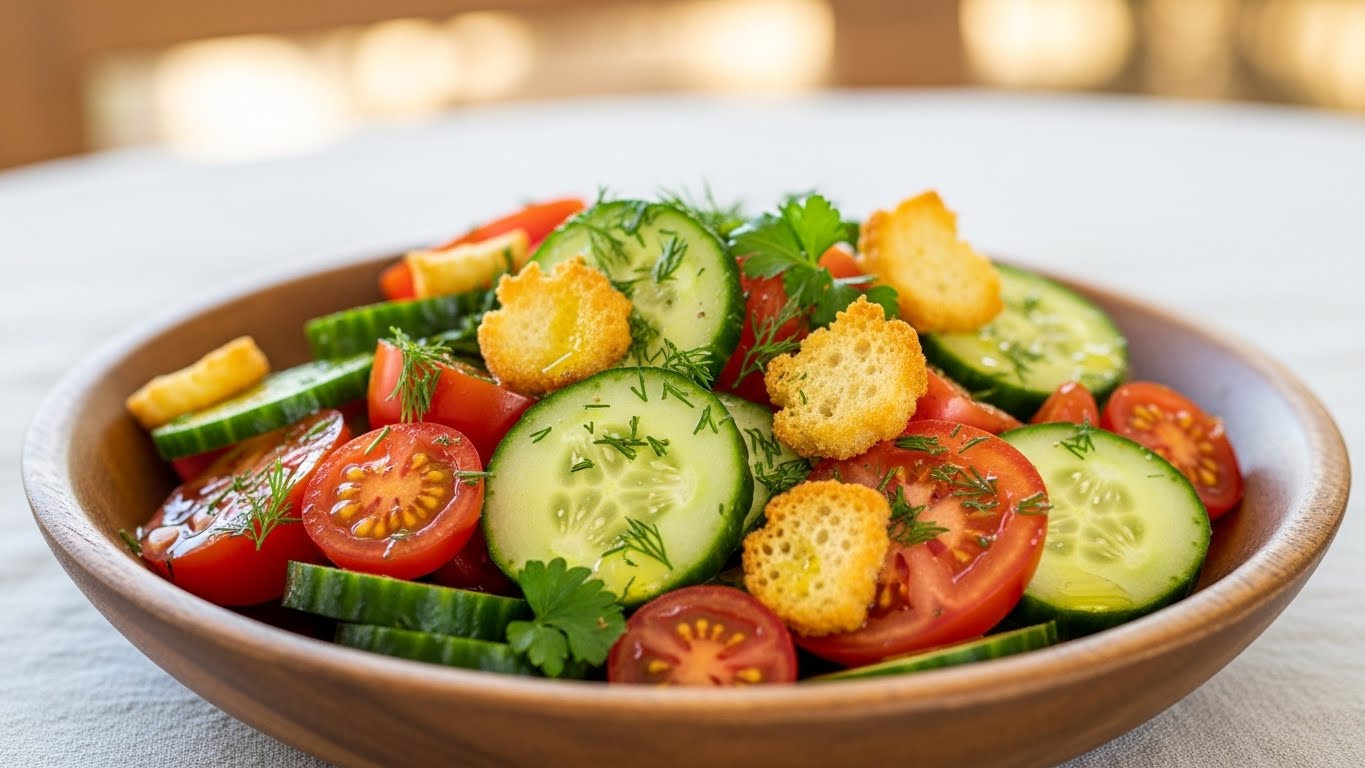 Frescor de Verão: Salada de Pepino e Tomate com Croutons Crocantes
