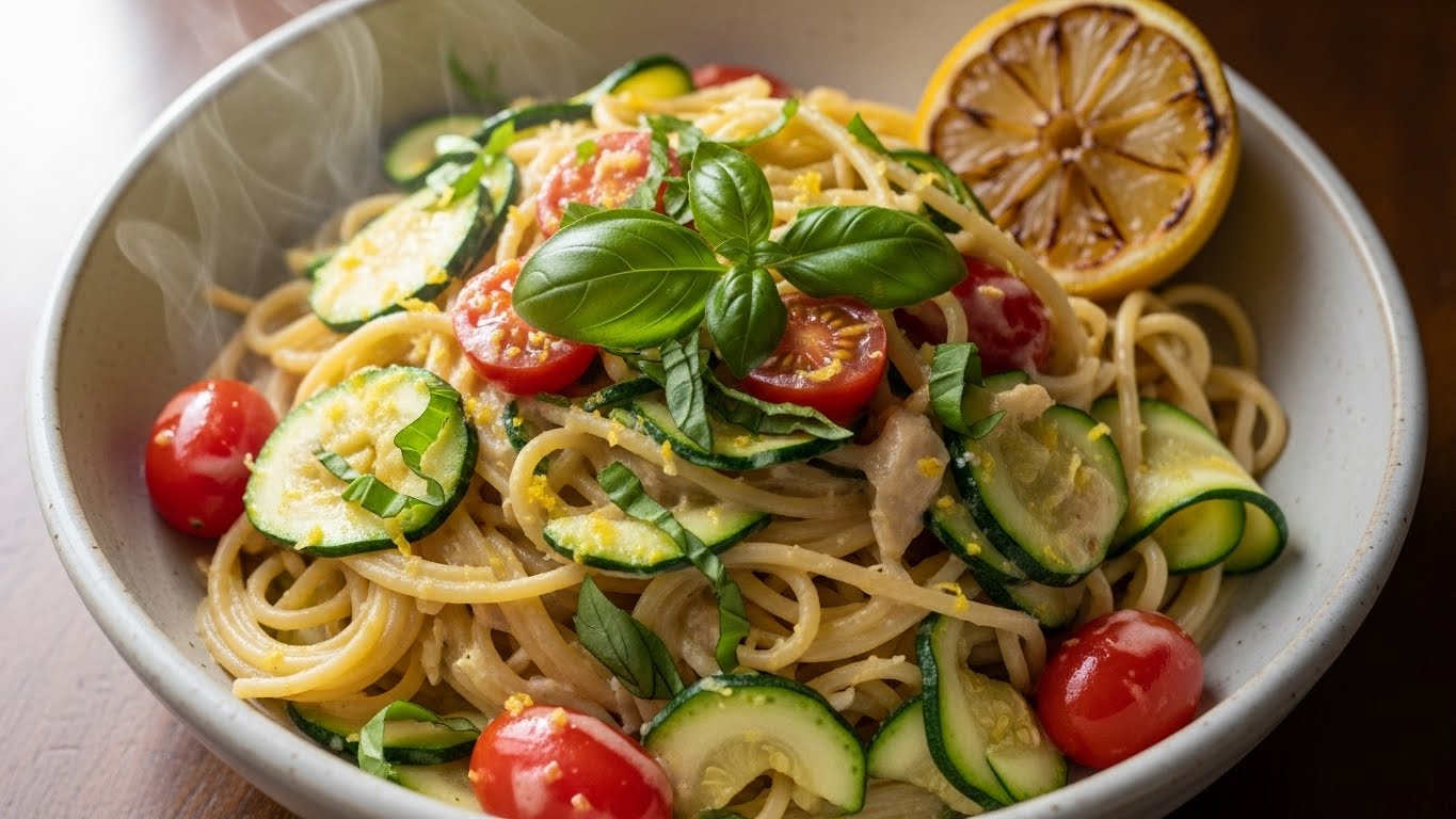 Spaghetti Cremoso de Abobrinha, Tomate Cereja e Limão