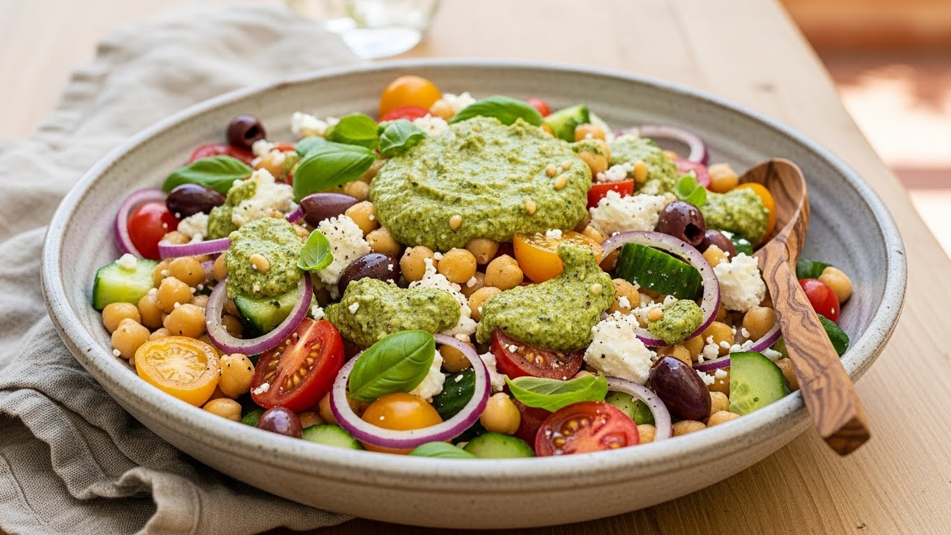 Salada Mediterrânea de Grão de Bico e Pesto Cremoso