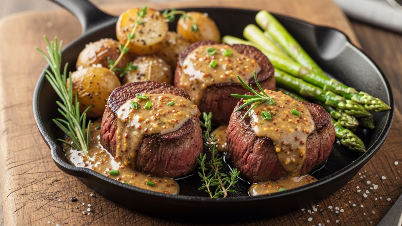 Medalhões de Filé Mignon Rústicos ao Molho Cremoso de Mostarda e Mel