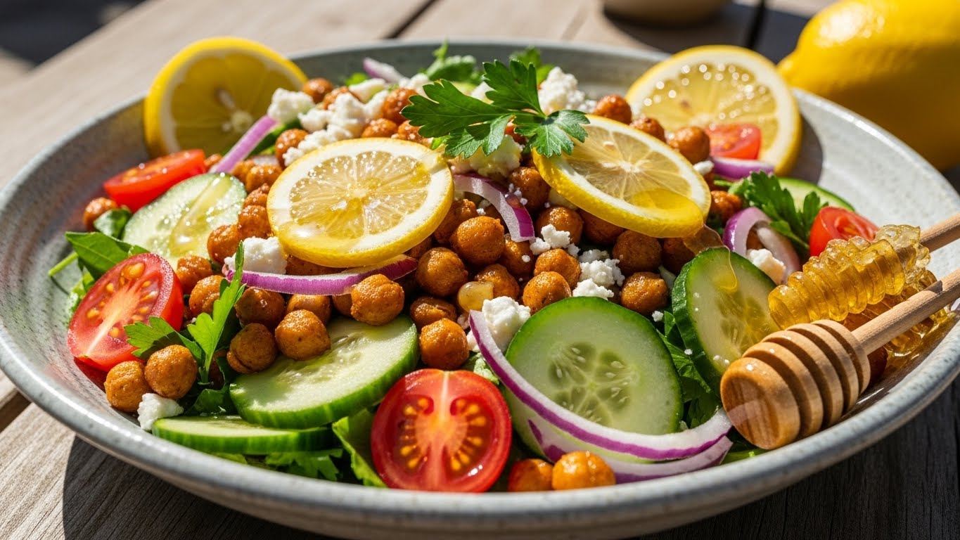 Sol e Frescor: Salada de Grão de Bico Crocante com Molho de Limão e Mel